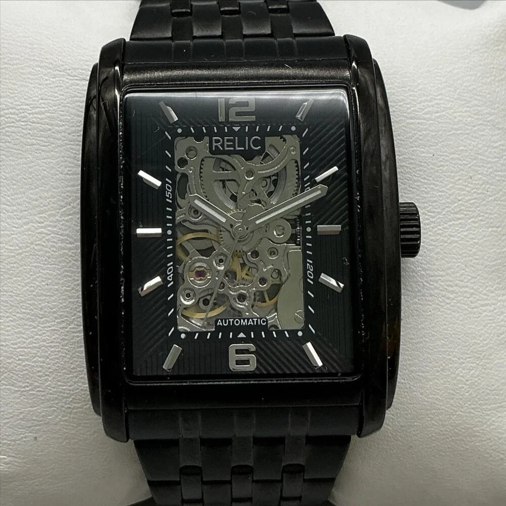 Relic By Fossil Mens Watch 36mm Black Skeleton Dial Bracelet Automatic 7.5